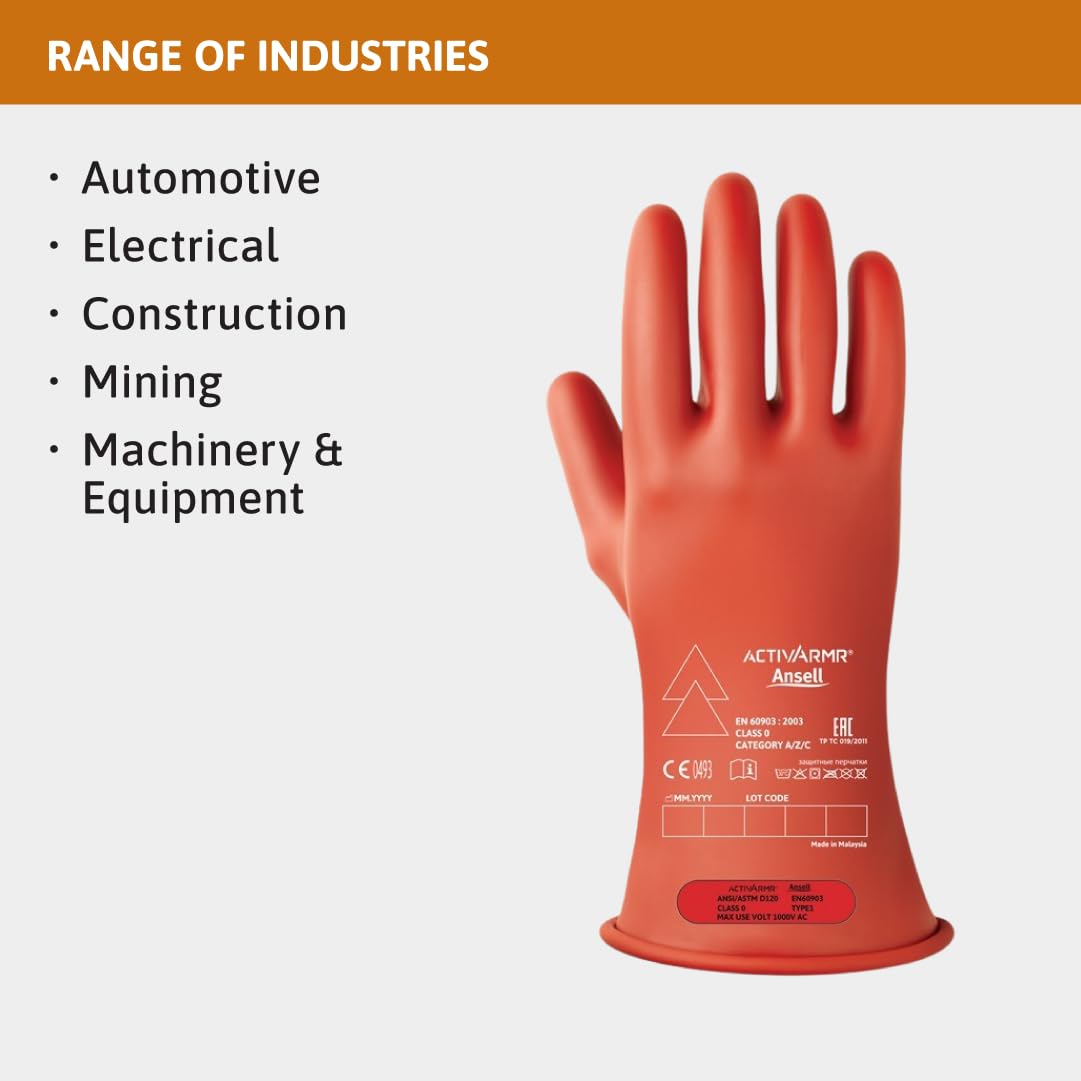 Ansell ActivArmr Electrical Insulating Gloves Class 0 - RIG011R Red 11in 1 Pair, size 7