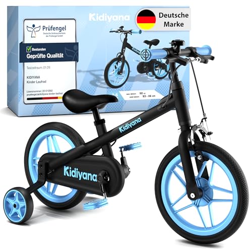 Kidiyana 3-in-1 Kinderfahrrad ab 2 Jahren mit abnehmbaren Pedalen & Stützrädern – Laufrad 12 Zoll mit Handbremse, Klingel, höhenverstellbarem Sattel & Lenker, Balance Bike mit Aluminiumrahmen