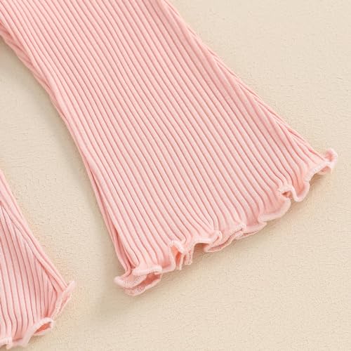 Fernvia Toddler Baby Girl Summer Clothes Set Ruffle Knit Ribbed Short Sleeves T-Shirts Tops Pants 2Pcs Outfits 0-5T (M-Pink, 3-4 Years)