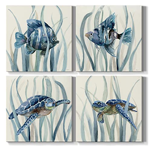 Renditions Gallery Sea Turtle Pictures Prints Nautical Wall Décor 12x12 inches for Each, Set of 4 total Ocean Tropical Fish Wall Art for Bathroom Bedroom Office