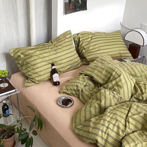 Image of mixinni Vintage Stripes Duvet Cover Set King - 3-Piece Mid-Century Cotton Olive & Taupe Striped Bedding, Soft Breathable All-Season Comforter Cover with Zipper Closure & Corner Ties-King Size