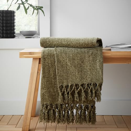 Catherine Lansfield Wilson Plain Chenille 130x170cm Blanket Throw Olive Green