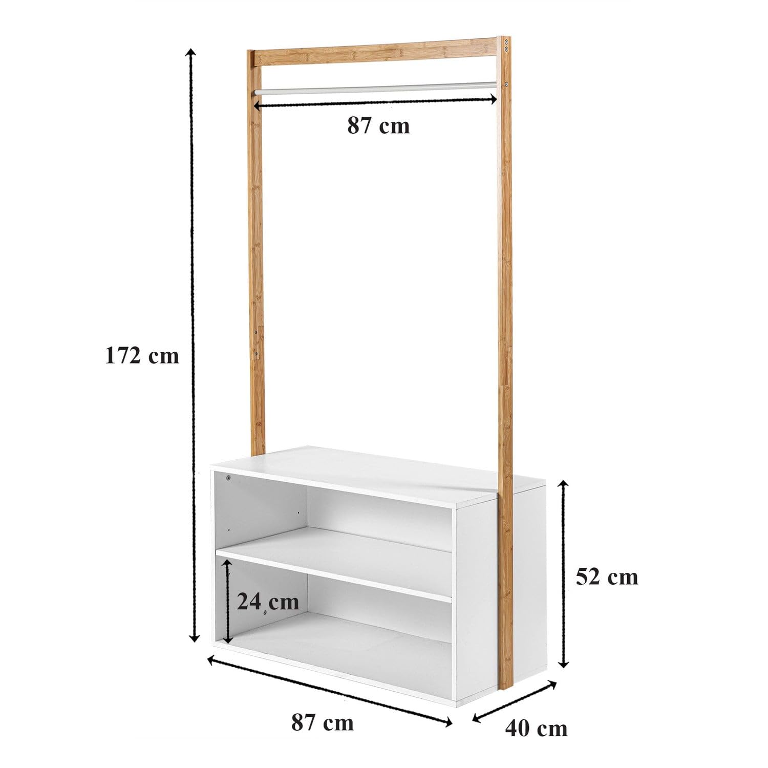 Drewniana szafa z półkami - bambus - wieszak na ubrania - przechowywanie butów - 2 pudełka - Biały i drewniany - Szafka wejściowa - sypialnia - 90 x 40 x H171 cm
