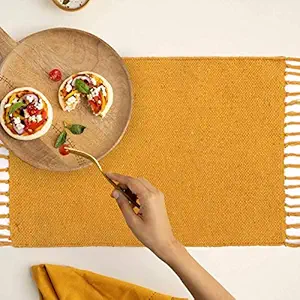 THE HOME TALK Cotton Placemats- Set of 4 | Side Table Mats | 13 x 19 | Heat-Resistant | with Fringes | Best for Bed-Side Table, Center Table, Dining Table, Shelves | Home Deco | Mustard