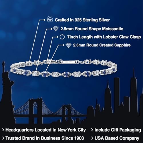 Gem Stone King Blue Created Sapphire and White Moissanite Tennis Bracelet for Women in 925 Sterling Silver | 1.76 Cttw | Round 2.5MM | Gemstone September Birthstone | 7 Inch2