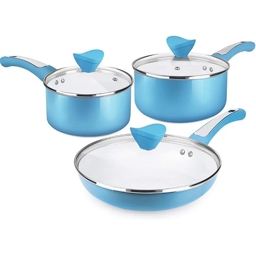 SHINEURI 6 Pieces Nonstick Cookware with Lid, Nonstick Pots and Pan with Lid, Ceramic Nonstick Pans and Pots with Lid, Ceramic Pan and Pots with Lid, Ceramic Skillet with Lids, Pans and Pots Set