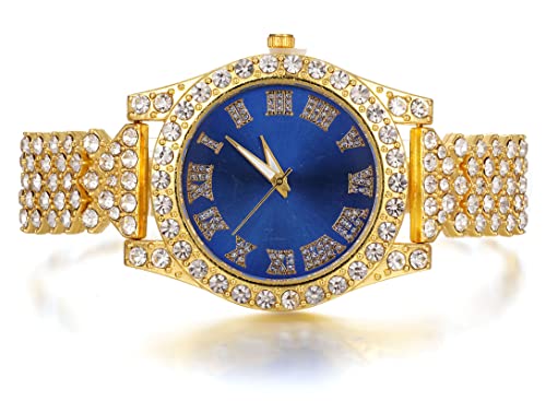 Image of Halukakah Diamonds Gold Watch Iced Out, Kid's 18K Real Gold /Platinum White Gold Plated 36MM Width Green /Blue /Red Dial Quartz Wristband 8 inch with Cuban Link Chain 7 inch+16 inch Bracelet, Free Giftbox