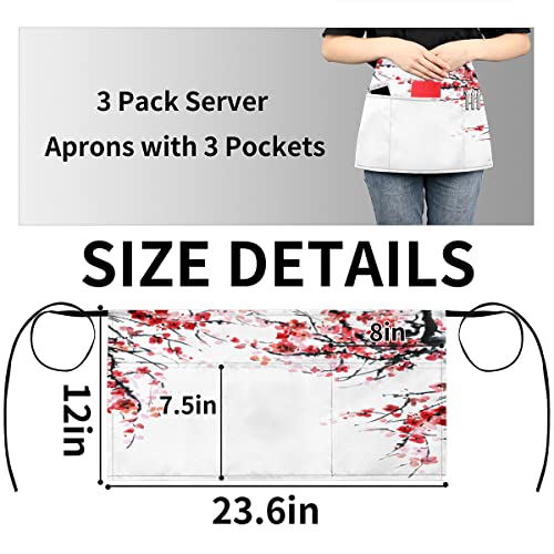 Bisibuy Oriental Flower Painting 3 Pack Server Aprons With 3 Pockets Asian Art Waitress Waiter Wasit Apron For Women Men Restaurant Bistro Cafe Bars Half Aprons Waitress Server Accessories #TOP3