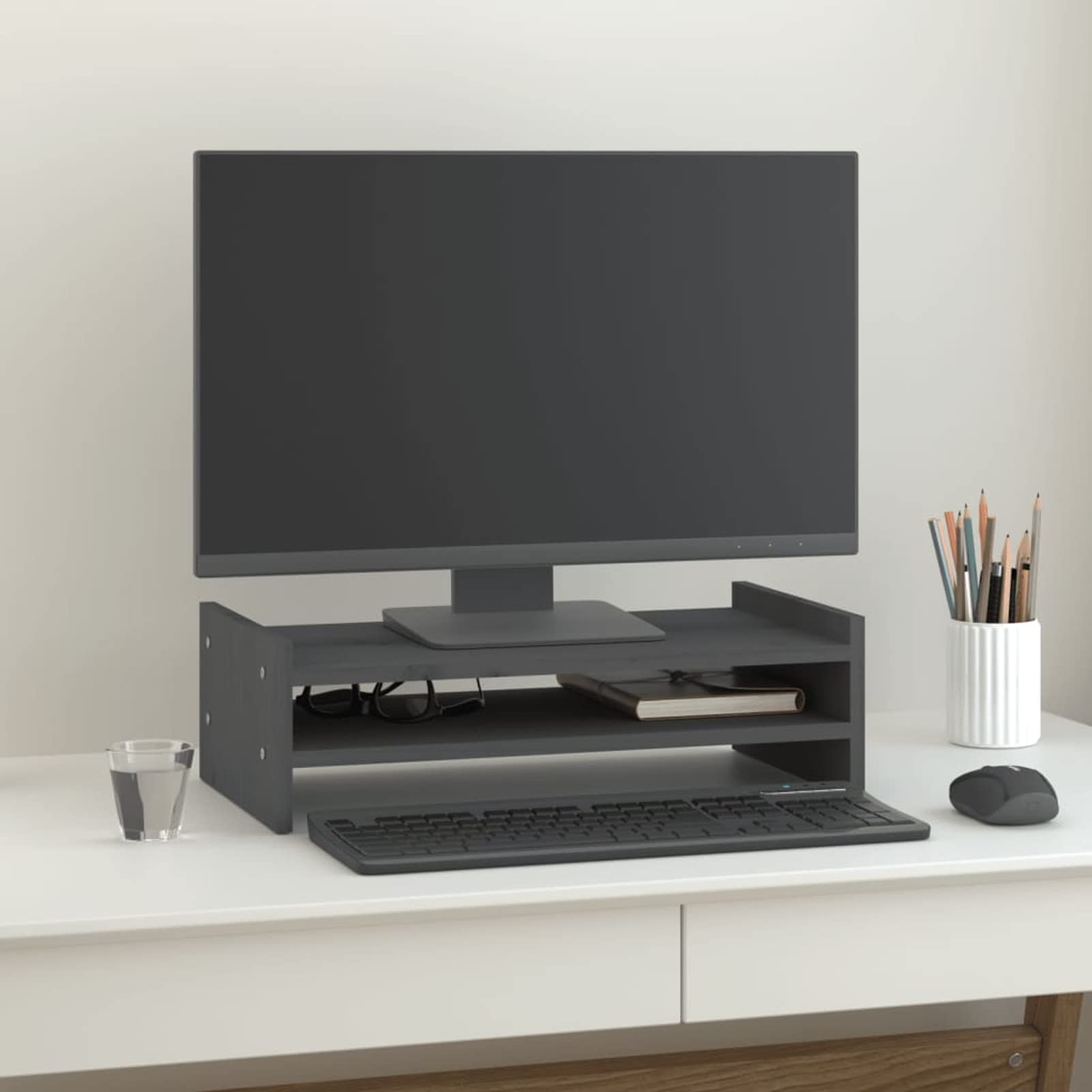 Gecheer Supporto per Monitor Grigio 50x27x15 cm Legno Massello di Pino-PLT1928