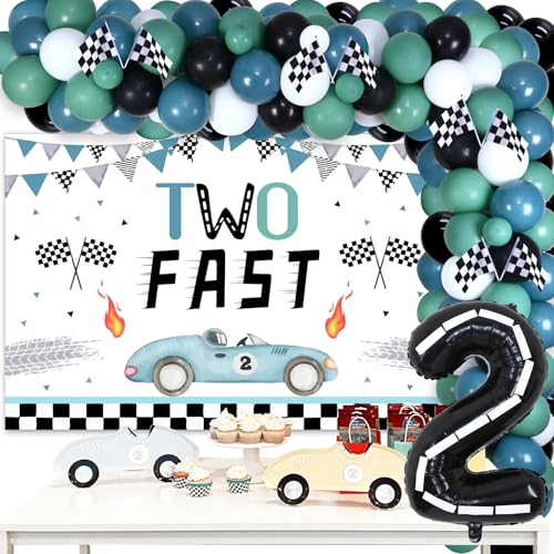 Two Fast Birthday Decorations Boy Vintage - Balloon Garland Kit with Two Fast Backdrop, Checkered Foil Balloons, Race Car Flags, Retro Let's Go Racing 2nd Birthday Party Supplies