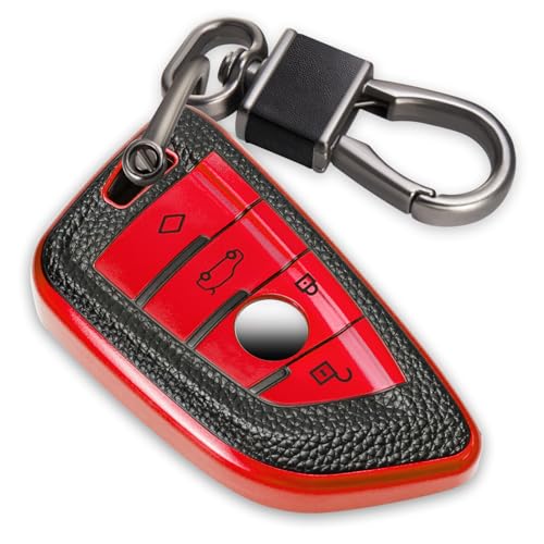Image of Key Fob Cover for BMW, Leather-Style Keychain Tab Cover, Red