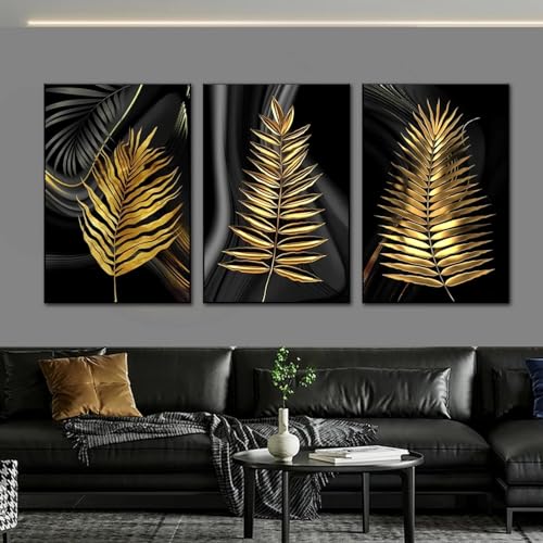 Feuilles d'arbre doré peinture noire : affiche scandinave 3 pièces salon 70x100 cm