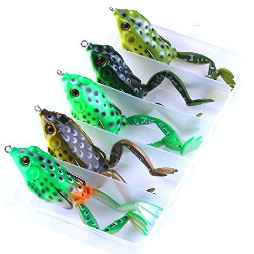 LENPABY 5PCS Topwater Frog Lures, Soft Fishing Lure Kit with Tackle Box for Bass Pike Snakehead Dogfish Musky5.5CM/15.5G