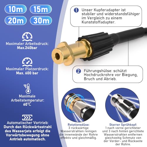 Rohrreinigungsschlauch 10m, mit M22 Adapter, Düsen starr + rotierend, 240bar 60°C Rohrreinigungsset Geeignet für Kränzle Kärcher K2-K7, Hochdruckreiniger Hochdruckschlauch