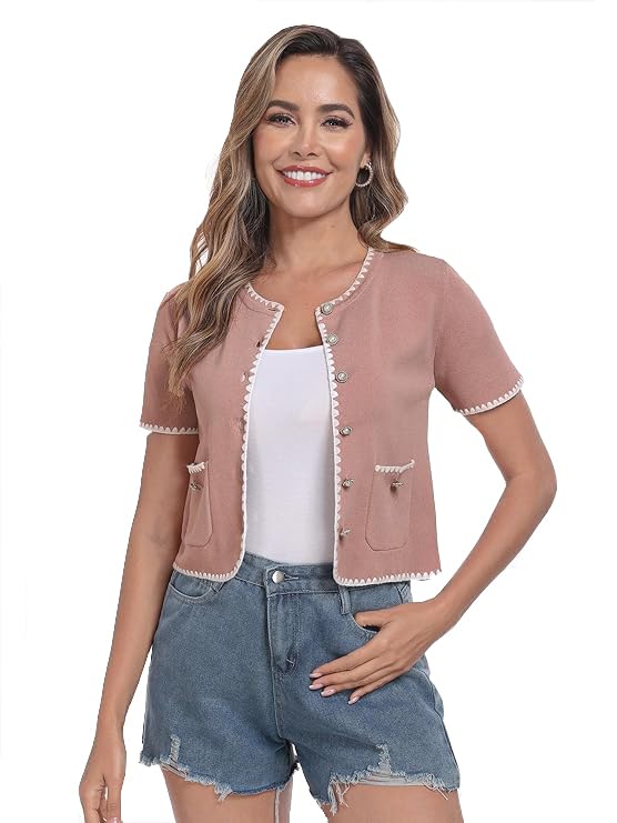 M.Infisavo Summer Sweaters for Women Lightweight Cardigan 2025 Round Neck Short Sleeve Elegant Cropped Tops Shirts