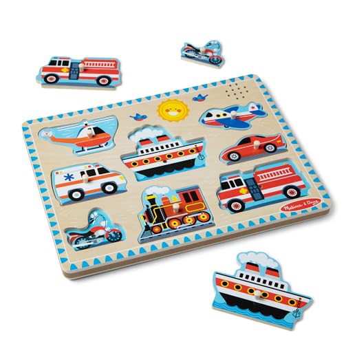 melissa amp doug vehicles sound puzzle  8-piece wooden peg puzzle with light-activated sounds music learning toy for toddlers and preschoolers ages 2