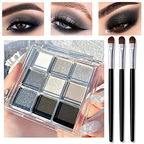 Black Smokey Silver Glitter Shimmer Eyeshadow Palette 9 Colors Cool Toned Matte Makeup Palette Pallet,Glitter Eyeshadow Cement Gray Color Eyeshadow,Highly Pigmented Long Lasting Neutral Waterproof Palette With Three Eyeshadow Brushw