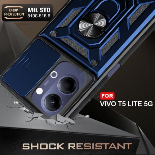 Image of AESTMO Tough Armor Vivo T5 Lite 44W 5G Bumper Back Case Cover | Ring Holder & Sliding Camera Shield Cover | 360 Degree Protection Back Case Cover for Vivo T5 Lite 44W 5G (Blue)