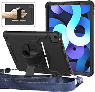 iPad Air 5th/4th Generation Case 10.9'' 2022/2020, TrendGate Shockproof iPad Pro 11 Inch Case with Screen Protector/Shoulder Strap/360° Rotating Hand Strap Stand for iPad Air 5/Air 4/Pro 11 - Black