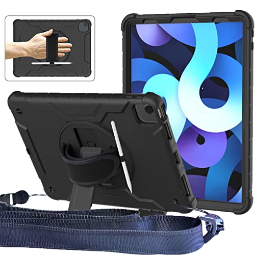 iPad Air 5./4. Generation 2022/2020 Hülle 10.9 Zoll, TrendGate Stoßfeste iPad Pro 11 Hülle mit Displayschutzfolie/Schultergurt/360° drehbarer Handschlaufenständer für iPad Air 5/Air 4/Pro 11 - Schwarz Cover