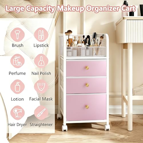 Image of Rolling Makeup Vanity Cart, Makeup Organizer with Drawers, Rolling Makeup Bathroom Storage Cart, Cosmetic Vanity Display Cases Holder for Nail Polish Brush Hair Tool (Pink)