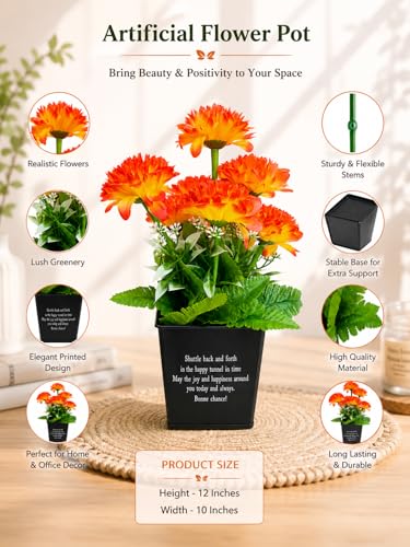 Image of Artificial Flower Pot with Orange Chrysanthemum, Lush Greenery, Inspirational Printed Black Pot, 30cm Height