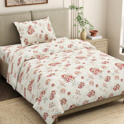 Image of Haus & Kinder Single Bedsheet for Single Bed with Pillow Cover Pure Cotton 186 TC | Soft & Silk Bedsheet for Single Bed |58 x 98 Inches - English Rose Reverie