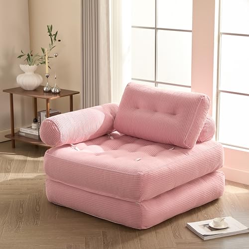 Litbird Canapé Lit 4-en-1 Pliable – Fauteuil Convertible, Canapé Type Pouf, Lit Pliant 1 Place, Idéal pour Petit Espace, Chambre ou Salon (Rose, 95 cm mit...