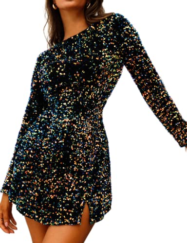 Image of R.Vivimos Women's Sequin Bodycon Dress Fall Winter Velvet Warm Long Sleeve Crew Neck Sexy Backless Glitter Slit Mini Dress
