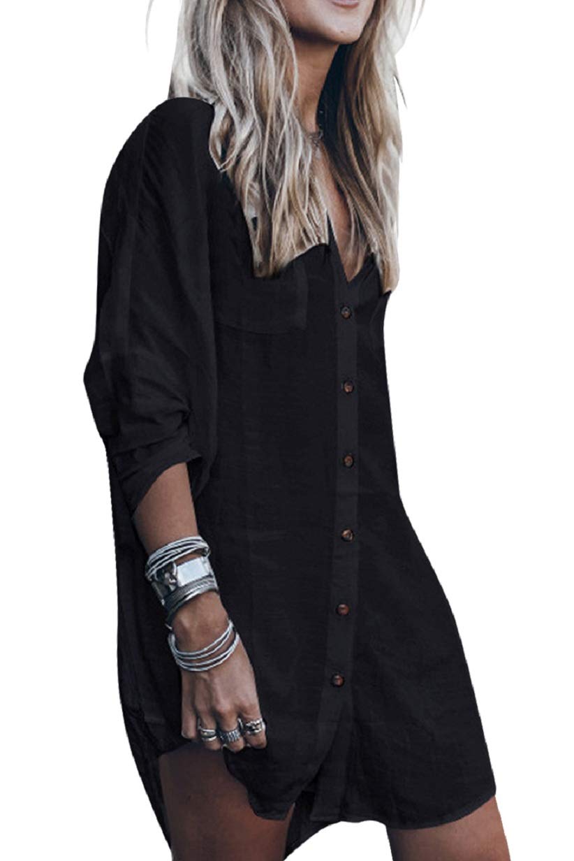 Tuopuda Camisas Mujer Largos Traje de Playa para Mujer Vestidos Blusa de Cuello en V Manga Larga Verano Casual Blusa Tops Tallas Grandes para Piscina/Playa/Vacaciones(Armada)