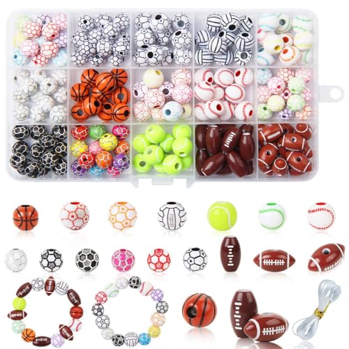 Sarini 200 Stück Sportball-Perlen in 15 Stilen zur Schmuckherstellung, Acryl-Baseball-Perlen, Armband-Bastelset für Jungen, Softball-Perlen, Basketball-Anhänger für Heimwerker Sarini 200 Stück Sportball-Perlen in 15 Stilen zur Schmuckherstellung, Acryl-Baseball-Perlen, Armband-Bastelset für Jungen, Softball-Perlen, Basketball-Anhänger für Heimwerker