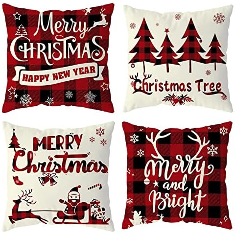 Christmas Decorations Pillow Covers 18x18 Set of 4 Red Black Buffalo Check Plaid Pillow Cases Christmas Decor Pillow Covers for Sofa Couch Christmas Decorations Clearance Indoor Outdoor Farmhouse Cover