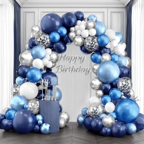 Blocesa Blue White Silver Balloons Arch Kit Navy Blue and White Balloon with Metallic Dark Light Blue Silver white Conftti Balloons for Graduation Birthday Fathers Day Party Bridal Shower Decor