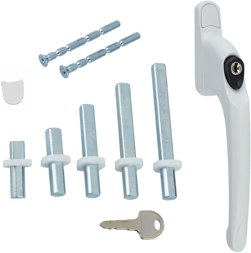Universal Inline uPVC Window Handle โ Lockable, Ambidextrous, Multi-Spindle โ White with Black Button (2 Pack)