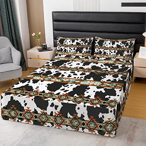 Cowhide Bed Skirt Black And White Highland Cow Print Bedding Decor,Western Bed Skirts King Exotic Aztec Bedskirt,Farmhouse Wild Animals Longhorn Skin Room Decor Cowboys Gifts For Men #TOP26