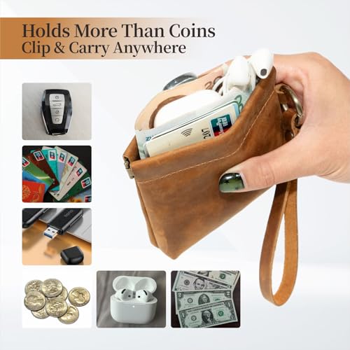 Leather Coin Purse with Wristlet, Aesthestyle Coin Pouch with Dual Interlayer, Card and Change Holder, Easy Clip on without Zipper, Squeeze Coin Wallet, Handmade Genuine Leather Wallet For Men/Women3