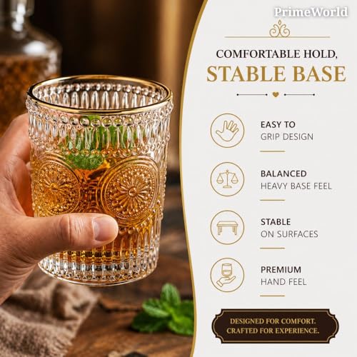 Image of PrimeWorld Embossed Gold Rim Romantic European Crystal Whiskey Glasses Set of 6 pcs- 300 ml Bar Glass for Drinking Bourbon, Whisky, Scotch, Cocktails, Cognac- Old Fashioned Cocktail Tumblers