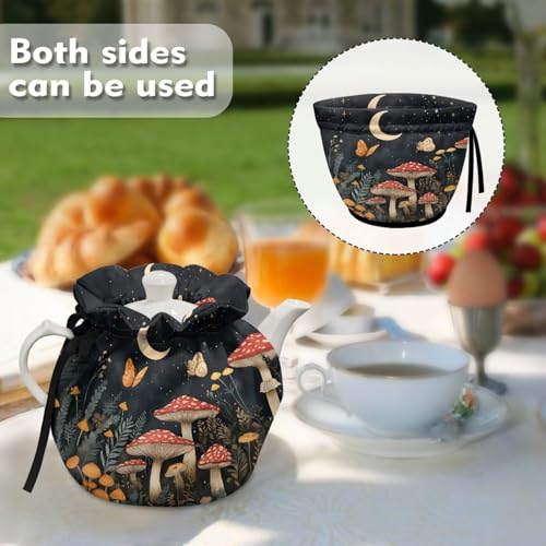 Image of Mushroom Moon Tea Cosy, Scratches-Proof Insulated Kitchen Teapot Dust Cover with Drawstring, Tea Pot Cozy Breakfast Warmer for Home Kitchen Table Decoration