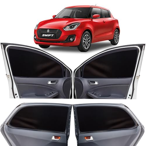 Image of OTO2EYE Car Sun Shade Compatible for Maruti Suzuki Swift Model 2018 to 2020, Z-Black Super Magnetic Grip, Front Window Zipper, Side Window Curtains, 4 Pieces Set
