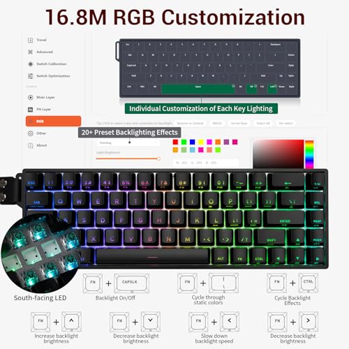 Image of Hexgears HK-K22 65% Gaming Keyboard Wired,Hall Effect Magnetic Switch Keyboard with Adjustable Actuation,Fast Trigger Mode,8KHz Polling Rate,0.125ms Latency,Shinethrough PBT Keycaps, RGB Backlit-Black