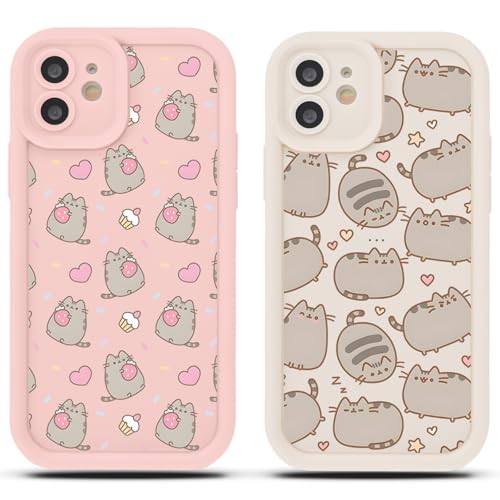 Yimctoie 2 Piezas Cute Cat Funda para Samsung Galaxy A14 5G 6.6', Kawaii Anime Pusheen Lindo Gato Dibujos Animados Diseño Manga Carcasa Suave TPU Protectora Antichoque Bumper Case Cover,Fresa