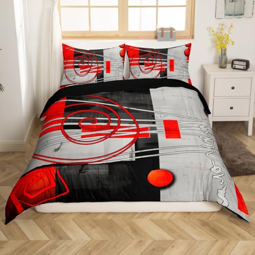 Homemissing Moderne Parure de Lit Rouge Noir Gris Ligne géométrique imprimé Housse de Couette 200x200cm Art Abstrait Ensemble de literie Adolescent Rond et...