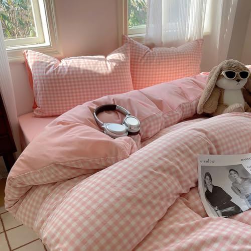 Image of Nayoroom Gingham Duvet Cover Queen Size Reversible Pink Plaid Checkered Duvet Cover 3 Pieces Soft Breathable Washed Microfiber Girls Dorm Bedding Set for All Seasons