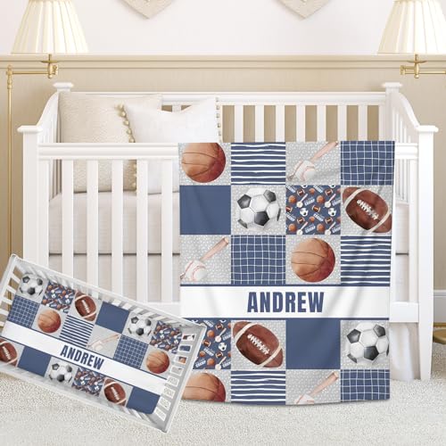 Noverbibi Personalized Baby Crib Bedding Sets for Boys Girls, Custom Crib Bedding Set with Name, 2 Piece Sports Theme Nursery Bedding, Name Crib Comforter, Crib Fitted Sheets for Newborn Babies