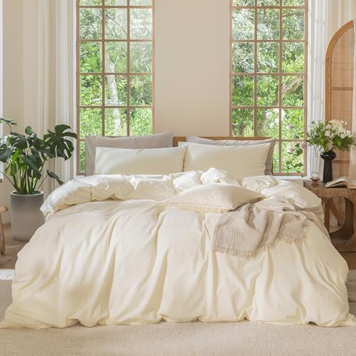MooMee Bedding Duvet Cover Set 100% Washed Cotton Linen Like Textured Breathable Durable Soft Comfy (Solid Cream White, King 104"x90")