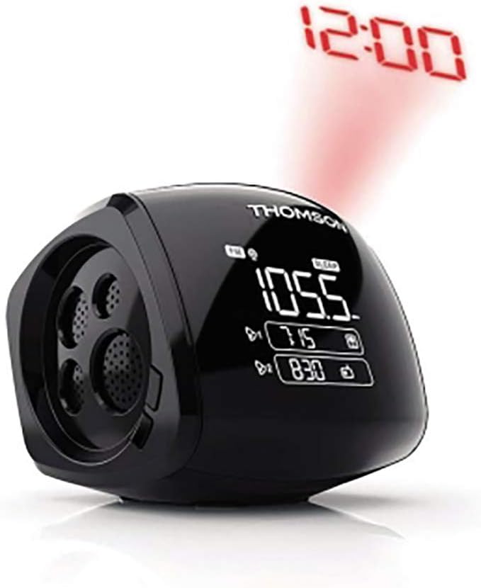Thomson Radio Alarm Clock with the time 12:00 projected in red onto a surface, showing the speaker grille on the side.