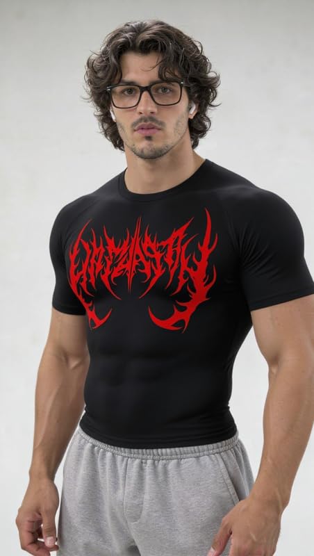 Image of Mens Gym Devil Bat Logo Compression T-Shirt | Polyester Half Sleeve Sports Wear and Rash Guard for Training Workout and Athletic Activewear | Black