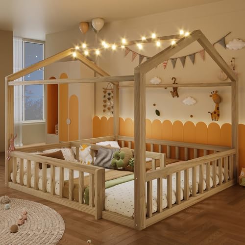 Ktipm Cama Infantil Montessori 180x190 cm con Luz LED y Barandilla, Cama Niño Criança con Diseño de Casa y Lamas de Madera, Camas Infantiles Cuna con Diseño Desmontable, Sin Colchón, Natural