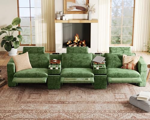 Image of 152.4 inch Power Recliner Sofa Wall Hugger, Modular Cloud Sectional Reclining Couch with Headrest, Storage Drawer Cup Holder, 3-Seater with 2 Consoles for Home Theater Living Room, Chenille, Green