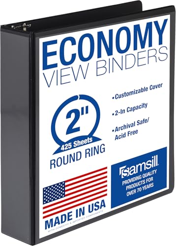Samsill 2 Inch 3 Ring Binder Economy Round Ring Clear View Cover 425 Sheet Capacity - for School Home Office - Black